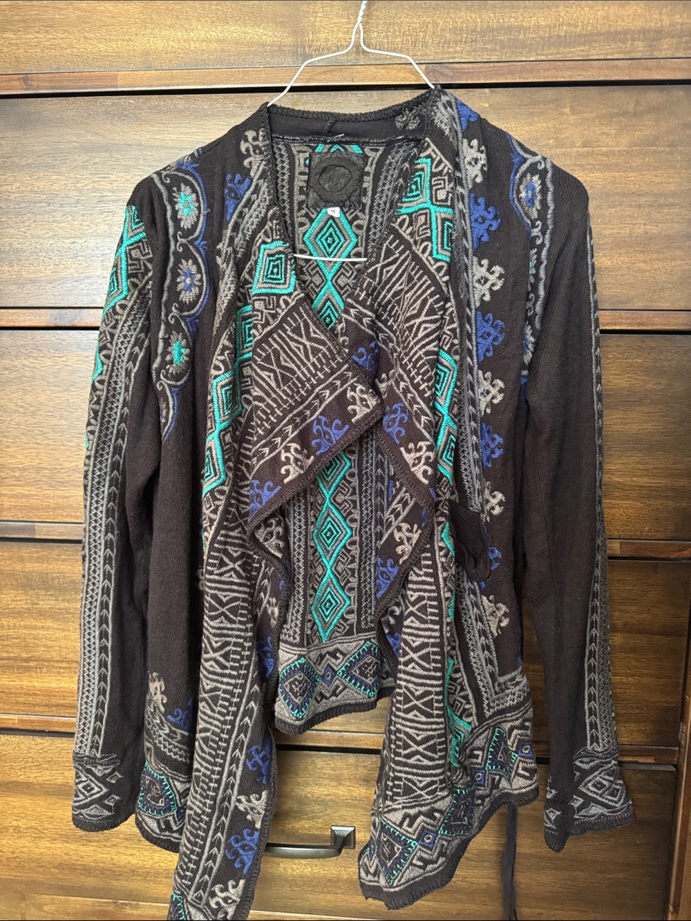 Boho Open-Front Southwestern Patterned Women's Sweater - Black & Teal